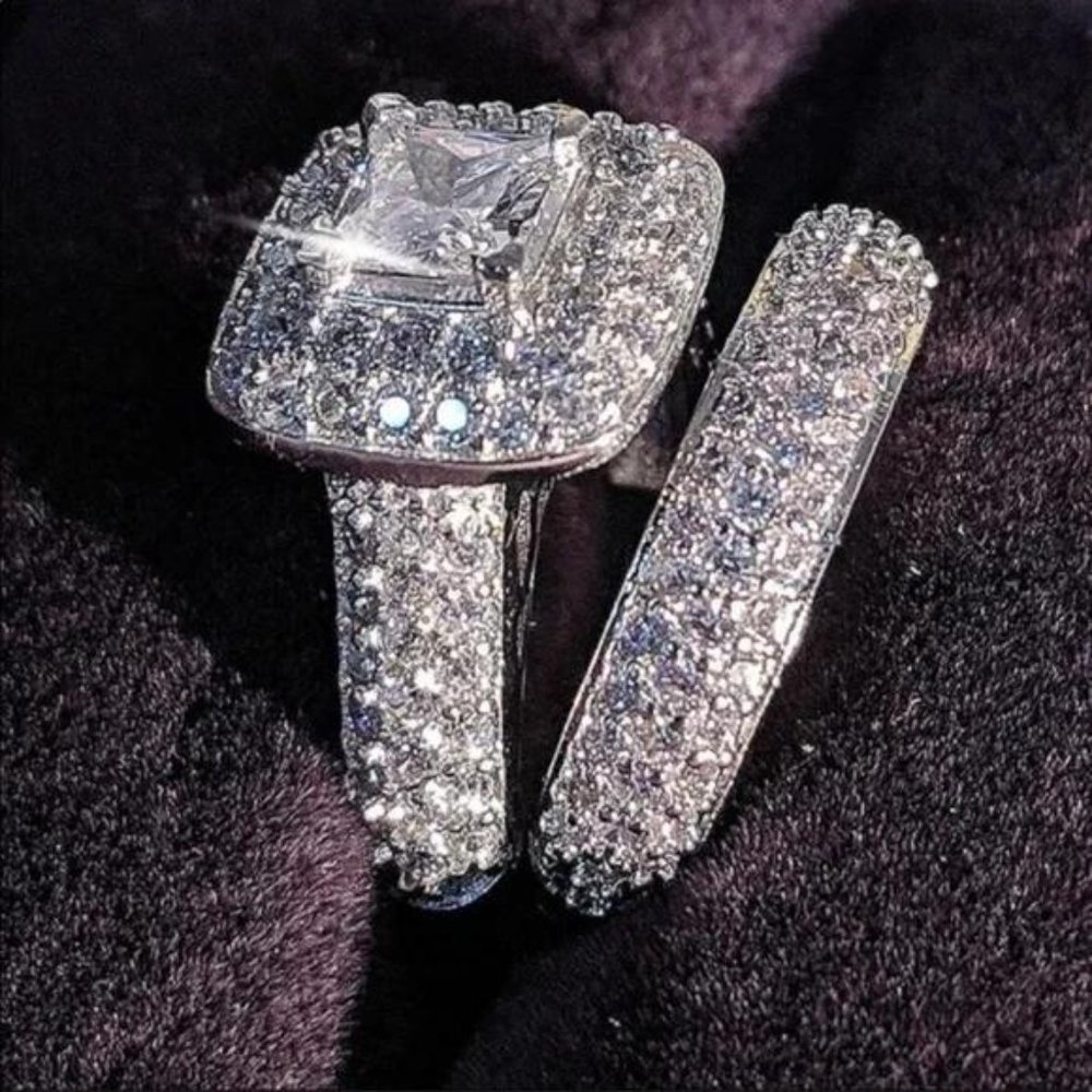 PRINCESS 925 STERLING SILVER DIAMOND HALO RING SET, CUTE RING, SHINY RING. - Picture 2 of 7